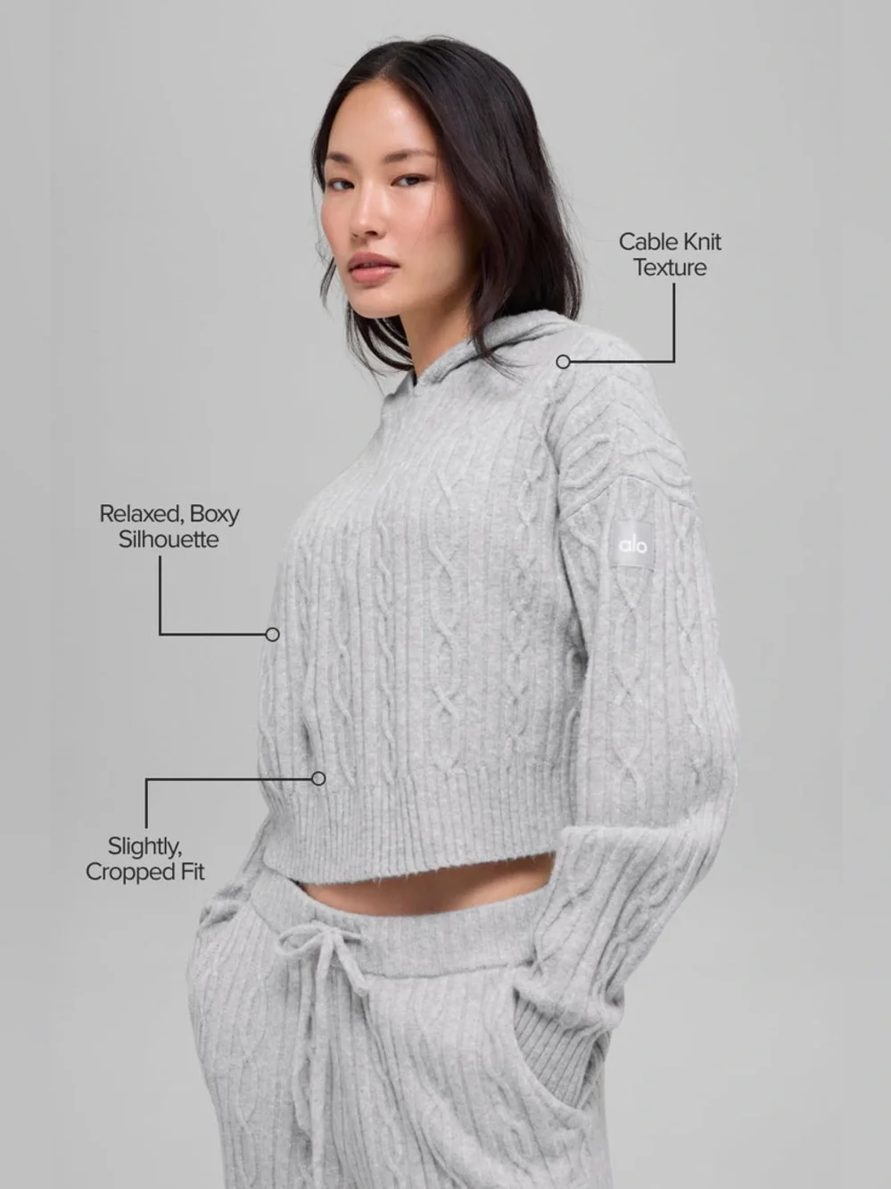 ALO Yoga Cable Knit Winter Bliss Hoodie and Joggers in Athletic Heather Gray